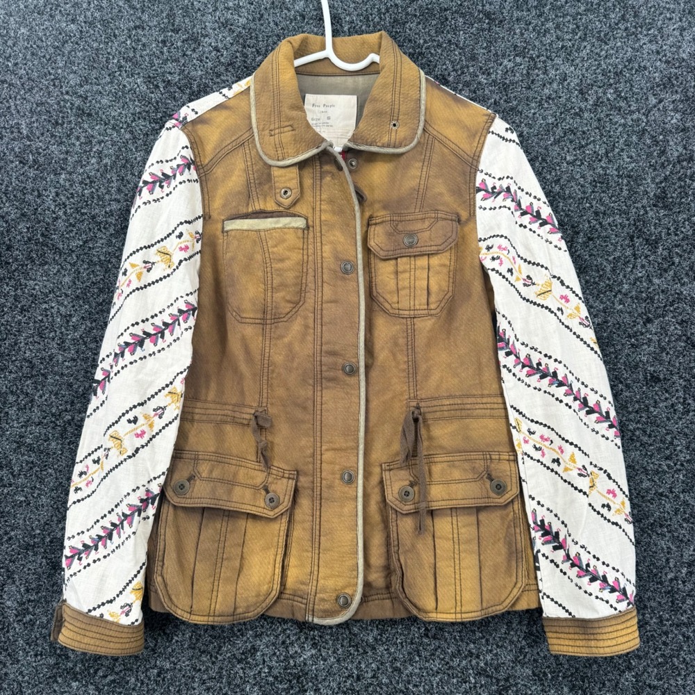 Free People 1970 Mixed Media Military Field Jacket Brown Embroidered Sleeves S